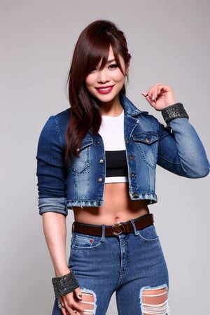 Kairi Sane in her young years, she is wearing a rebel girl attire with frayed jeans, cropped frayed denim jacket, fashion belt, she poses sexy as a supermodel,kairisane
