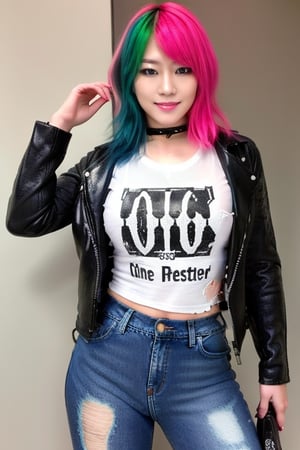 hot japanese girl, she is a repeat offender criminal, 39 years old, torn jeans, biker jacket and Ramones t-shirt outfit, asuka make-up, asuka face, asuka hairstyle, green pink hair color, smiling flirty and provocatively, posing defiant, realistic, full body shot,hot girl