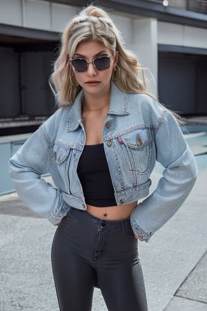 American woman 30 years old resembling Alexa Bliss, she is wearing levis jeans (short, tight, light blue color) and a ex-boyfriend levis denim jacket (light blue color), beautiful long hair, alexa bliss face, alexa bliss hairstyle, harley quinn makeup, posing, daylight, full body image, large hoop earrings, photoshoot