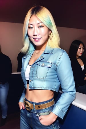 Japanese woman wearing cropped light blue denim jacket and tight light blue jeans, fitted t-shirt, 19 years old, punk belt, fashion girl make-up, big hoop earrings, flirty lips, smile, she is dating with you in a night club, blonde hair color