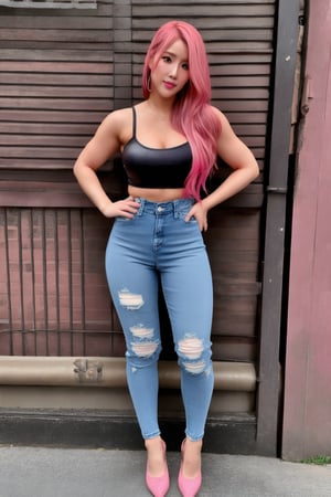 pink hair, beautiful face, onlyfans model, hot pink lips, pink eyeshadow, she is wearing tight jeans,kairisane