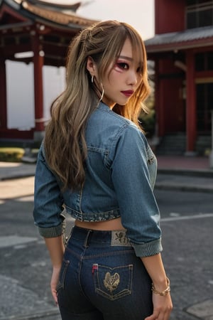 Japanese levi's girl 36 years old standing candidly, flirty pose, she is wearing levi's clothes, levi's ex-boyfriend jacket, jewel bracelerts, waist chain, fashion outfit, raw style, punk like make up, large hoop earrings, long hair, captured from the back, kairi sane hairstyle, blonde hair, Sony A7III, aspect ratio 1:2, hyperreal, photorealistic quality, dramatic backlighting, soft shadows, depth of field, ultra clear, UHD drawing