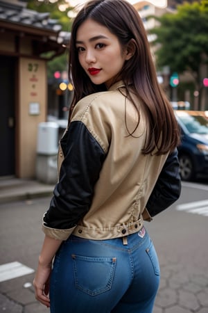 Japanese fashion influencer in her 20s standing candidly, natural pose, fitted jeans, cropped fitted denim jacket, captured from the back, raw style, red lips, long hair. black eyeshadows, Sony A7III, aspect ratio 1:2, hyperreal, photorealistic quality, dramatic backlighting, soft shadows, depth of field, ultra clear, UHD drawing