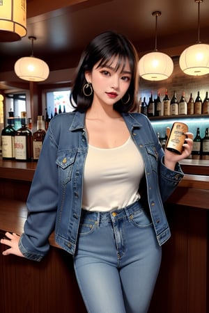 supermodel asian girl, 19 years old, beautiful detailed eyes, t, make-up, dark lips, posing sexy, full body shot in a bar drinking a whisky, 80s hairstyle, loose 80s levis jeans type, jack daniels t-shirt resemble, 80s levi's denim jacket type in very strong acid wash blue color, large hoop earrings