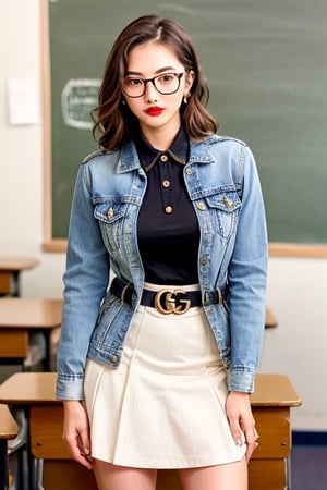Sexy high school teacher girl, 25 years old, sexy denim jacket, formal black skirt, gucci belt, formal makeup, formal attire, red lips, cute style, she is wearing glasses, formal hairstyle, she is posing sexy inside her classroom
