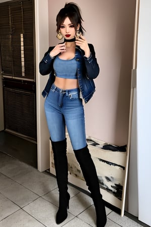 Japanese onlyfans model woman, 19 years old, dark lips, onlyfans model girl hairstyle with ponytail and fringe, typical fashion model woman outfit, hoop earrings, tight denim jacket, punk girl makeup, full body shot, slim girl, sexy body, long nails,sexy jeans,Sexy Pose,blackbootsnjeans