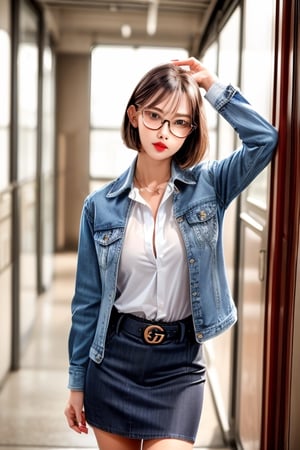 Sexy high school teacher girl, 25 years old, sexy blouse, sexy denim jacket, mini black skirt, gucci belt, formal makeup, formal attire, red lips, cute style, she is wearing glasses, formal hairstyle, she is posing sexy inside her classroom