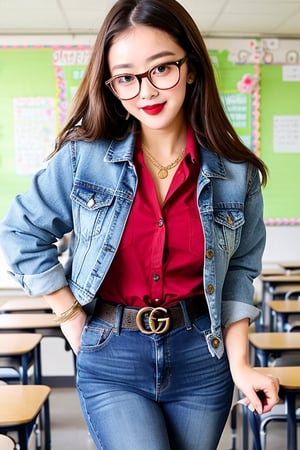 High school teacher girl, sexy denim jacket, jeans, gucci belt, formal makeup, formal attire, red lips, cute style, she is wearing glasses, formal hairstyle, she is posing sexy inside her classroom,JeeSoo ,bzsohee,blackbootsnjeans
