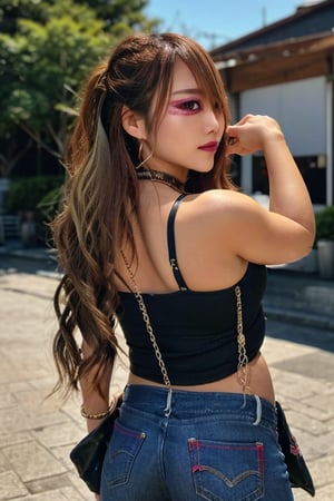 Japanese hot girl 36 years old standing candidly, flirty pose, she is wearing levi's clothes, hot latina girl outfit, jewel bracelerts, waist chain, fashion outfit, raw style, punk like make up, large hoop earrings, long hair, kairi sane hairstyle, blonde hair, Sony A7III, aspect ratio 1:2, hyperreal, photorealistic quality, dramatic backlighting, soft shadows, depth of field, ultra clear, UHD drawing