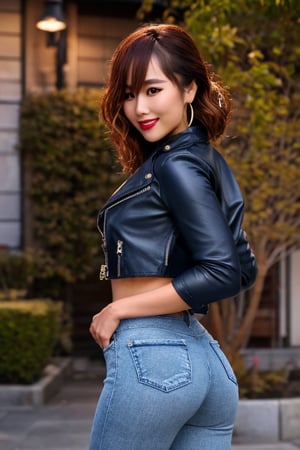 Japanese hot girl 36 years old standing candidly, flirty pose, japanese slender body girl, hot latina baddie girl outfit, tight jeans acid wash blue color 80s style, jewel bracelerts, fashion outfit, raw style, fashion make up, crop biker jacket girl, large latina hoop earrings, kairi sane curly hairstyle, blonde hair, hot smile, Sony A7III, aspect ratio 1:2, hyperreal, photorealistic quality, dramatic backlighting, soft shadows, depth of field, ultra clear, UHD drawing