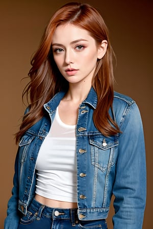 beautiful detailed eyes, tight jeans, tight cropped denim jacket, becky lynch make-up, posing very sexy and flirting during a model photoshoot, realistic,beckylynch