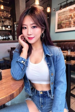 A hot baddie japanese girl is having a date and is flirting with you in a restaurant wanting to be your girlfriend, beautiful detailed eyes, flirty beautiful perfect smile, hot jeans in light blue color, cropped denim jacket, hoop earrings, asuka face, baddie make-up,asuka, full body shot