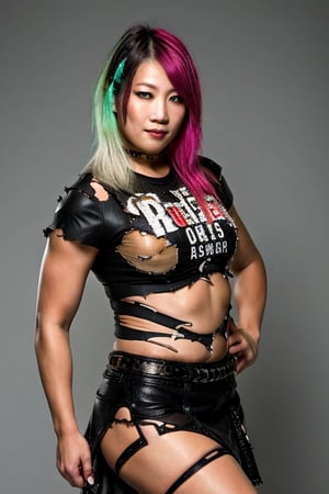 Asuka is a 42 years old punk girl wearing a punk rocker girl attire, hot skirt, short cropped leather jacket, torn shirt, punk rocker girl hairstyle, she is posing for a photoshoot