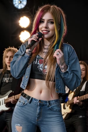 American rebel girl guitarrist, 19 years old, smile, dark lips, rebel look, punk girl hairstyle, avril lavigne haircolor, avril lavigne face, she is playing a guitar in a concert, cropped denim jacket, tight blue jeans, punk girl makeup, full body shot, slim girl