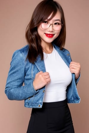 High school teacher japanese girl, sexy denim jacket, long formal black skirt, formal makeup, formal attire, red lips, cute style, she is wearing glasses, kairi sane haircolor, kairi sane face, formal hairstyle,kairisane