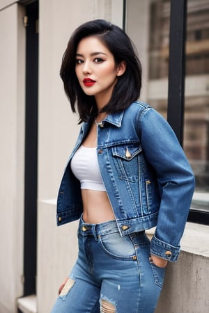 Bad and rebel girl having a good time in a photoshoot model for levi's, slim body, she is wearing a rebel and bad girl outfit with tight jeans and a cropped denim jacket to her waist