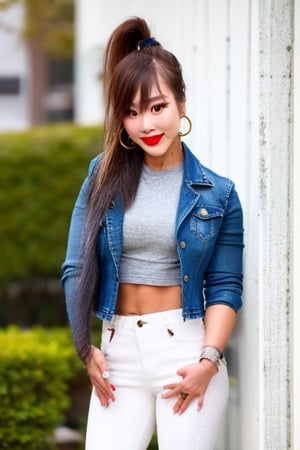 slim girl, beautiful detailed eyes, tight jeans, cropped denim jacket, kairi sane hairstyle, kairi sane face, red lips,1girl folded ponytail, hoop earrings,kairisane