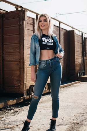 Bad and rebel girl having a good time in a photoshoot model for levi's, slim body, she is wearing a rebel and bad girl outfit with tight jeans and a cropped denim jacket to her waist