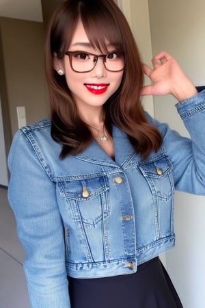 High school teacher japanese girl, sexy denim jacket, long formal black skirt, formal makeup, formal attire, red lips, cute style, she is wearing glasses, kairi sane haircolor, kairi sane face, formal hairstyle,kairisane