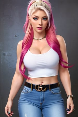 Alexa Bliss, fashion gucci belt, hot dark lips, alexa bliss hairstyle, she is wearing daisy duke jeans