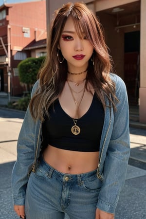 Japanese levi's girl 36 years old standing candidly, flirty pose, she is wearing levi's clothes, levi's ex-boyfriend jacket, hot latina shirt type, jewel bracelerts, waist chain, fashion outfit, raw style, punk like make up, large hoop earrings, long hair, kairi sane hairstyle, blonde hair, Sony A7III, aspect ratio 1:2, hyperreal, photorealistic quality, dramatic backlighting, soft shadows, depth of field, ultra clear, UHD drawing