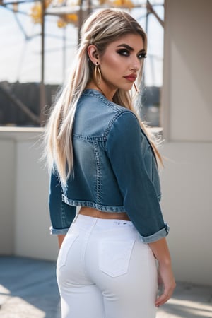 American fashion influencer resembling Alexa Bliss in her 20s standing candidly, natural pose, white t-shirt, 80s jeans style, 80s acid wash light blue denim jacket, captured from the back raw style, fashion lips, blonde hair, 80s haristyle, black eyeshadows, large hoop earrings, Sony A7III, aspect ratio 1:2, hyperreal, photorealistic quality, dramatic backlighting, soft shadows, depth of field, ultra clear, UHD drawing