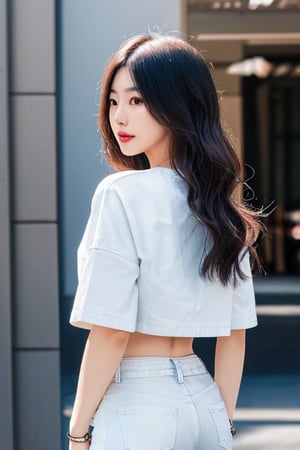 Japanese fashion influencer in her 20s standing candidly, natural pose, white t-shirt, fitted jeans, cropped denim jacket, captured from the back, raw style, Sony A7III, aspect ratio 1:2, hyperreal, photorealistic quality, dramatic backlighting, soft shadows, depth of field, ultra clear, UHD drawing