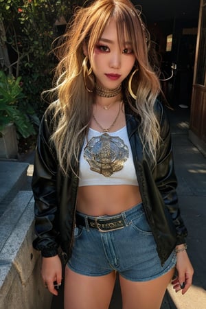 Japanese levi's girl 36 years old standing candidly, flirty pose, she is wearing levi's clothes, levi's ex-boyfriend jacket, t-shirt wiht the word "sexy" on it, jewel bracelerts, waist chain, fashion outfit, raw style, punk like make up, large hoop earrings, long hair, kairi sane hairstyle, blonde hair, Sony A7III, aspect ratio 1:2, hyperreal, photorealistic quality, dramatic backlighting, soft shadows, depth of field, ultra clear, UHD drawing