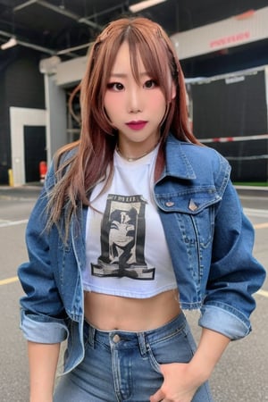 Kairi Sane, she is wearing jeans, cropped denim jacket and a sexy t-shirt