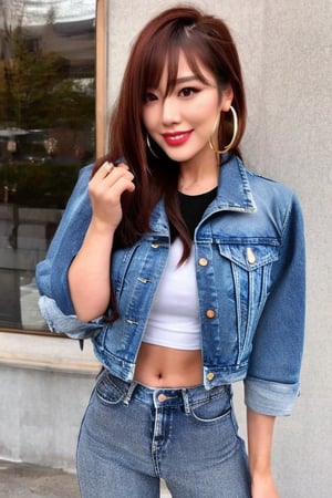 Kairi Sane is flirting with long hair, smiling flirty, hoop earrings, slim body, she is wearing tight jeans and cropped levi's women denim jacket,kairisane