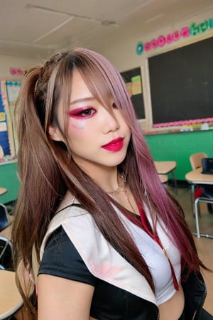 High school japanese bad girl, hot makeup, sexy high school uniform, red lips, cute style, blonde haircolor, kairi sane face, kairi sane hairstyle, she is posing sexy in her classroom,kairisane