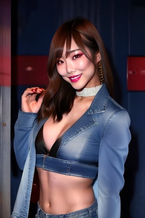 Japanese gravure woman, wearing cropped light blue denim jacket and tight light blue jeans, kairi sane hairstyle, very detailed sexy make-up, flirty lips and smile, posing sexy in a photoshoot in a red-light district, night, beautiful body, beautiful face,kairisane