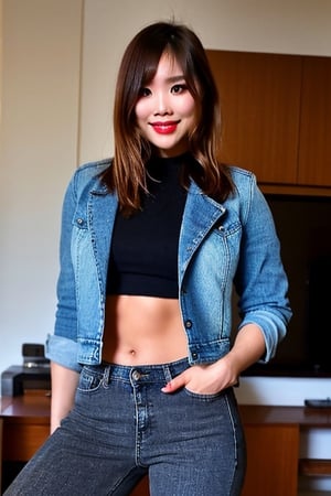 sexy asian girl, beautiful detailed eyes, tight jeans, tight cropped small denim jacket, sexy girl make-up, dark lips, kairi sane is smoking a cigarette in her apartment, realistic, punk girl hair color,kairisane