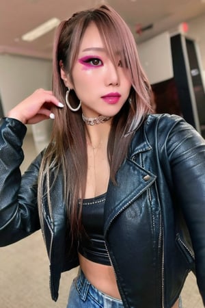 A hot baddie japanese girl is having a date and is flirting with you, beautiful detailed eyes, hot jeans, cropped leather jacket, hoop earrings, kairi sane face, baddie make-up,kairisane,Sexy Pose,Styles Pose,Striking Pose