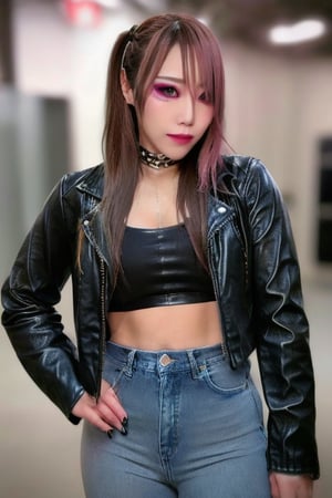 beautiful detailed eyes, tight jeans, cropped leather jacket, kairi sane face, punk girl hairstyle, punk girl makeup,kairisane,Sexy Pose