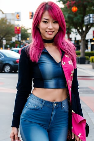 hot japanese girl, tight jeans, cropped denim jacket, asuka make-up, asyuka face, asuka hairstyle, pink blue hair color, smiling, posing sexy and smoking a cigarette, realistic, full body shot,blackbootsnjeans,hot girl