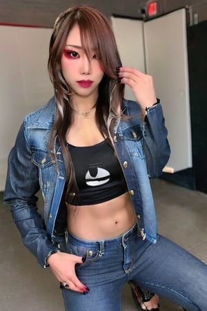 Kairi Sane is a hot rebel and bad girl posing sexy looking naughty at the camera, she is wearing Levi's jeans, Levi's denim jacket and a sexy Levi's t-shirt