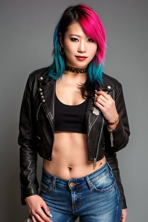 Asuka is a 42 years old punk girl wearing a punk rocker girl attire, tight frayed jeans, short cropped leather jacket, torn shirt, punk rocker girl hairstyle, big hoop earrings, she is posing for a photoshoot