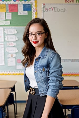 High school teacher girl, sexy denim jacket, black skirt, gucci belt, formal makeup, formal attire, red lips, cute style, she is wearing glasses, formal hairstyle, she is posing sexy inside her classroom,JeeSoo ,bzsohee,blackbootsnjeans
