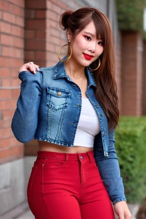 slim girl, beautiful detailed eyes, tight jeans, cropped denim jacket, kairi sane hairstyle, kairi sane face, red lips,1girl folded ponytail, hoop earrings,kairisane