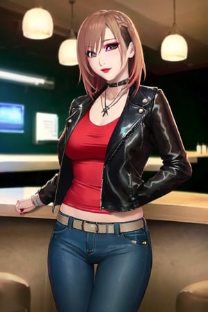 Japanese female night girl, she is a bad girl, hot makeup, red lips, teacher fashion style, hot jeans, biker leather female jacket, kairi sane face, kairi sane hairstyle, she is posing sexy and sugestive in a bar,kairisane