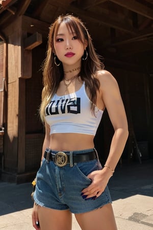 Japanese hot girl 36 years old standing candidly, flirty pose, she is wearing levi's clothes, hot latina t-shirt type, hot latina girl outfit, jewel bracelerts, waist chain, fashion outfit, raw style, punk like make up, large hoop earrings, long hair, kairi sane hairstyle, blonde hair, Sony A7III, aspect ratio 1:2, hyperreal, photorealistic quality, dramatic backlighting, soft shadows, depth of field, ultra clear, UHD drawing