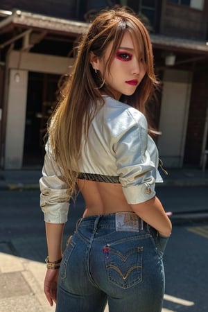 Japanese levi's girl 36 years old standing candidly, flirty pose, she is wearing levi's clothes, levi's ex-boyfriend jacket, jewel bracelerts, waist chain, fashion outfit, raw style, punk like make up, large hoop earrings, long hair, captured from the back, kairi sane hairstyle, blonde hair, Sony A7III, aspect ratio 1:2, hyperreal, photorealistic quality, dramatic backlighting, soft shadows, depth of field, ultra clear, UHD drawing