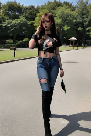 Japanese onlyfans model woman posing in a park, 36 years old, dark lips, kairi sane hairstyle, typical fashion model woman outfit, large hoop earrings, sexy torn t-shirt, punk girl makeup, full body shot, slim girl, sexy body, long nails,sexy high acid washed jeans,Sexy Pose,blackbootsnjeans,1 girl 