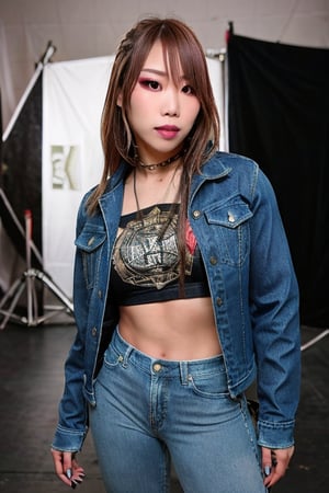 Kairi Sane is a hot rebel and bad girl posing sexy in a Levi's photoshoot studio looking naughty at the camera, she is wearing Levi's jeans, Levi's denim jacket and a sexy Levi's t-shirt