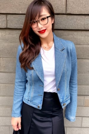 High school teacher japanese girl, sexy denim jacket, long formal black skirt, formal makeup, formal attire, red lips, cute style, she is wearing glasses, kairi sane haircolor, kairi sane face, formal hairstyle,kairisane