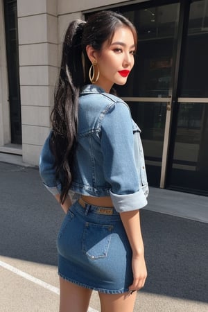 Filipina fashion influencer in her 20s standing candidly, natural pose, tight dress, cropped fitted denim jacket, captured from the back, raw style, red lips, long hair ponytail, black eyeshadows, large hoop earrings, Sony A7III, aspect ratio 1:2, hyperreal, photorealistic quality, dramatic backlighting, soft shadows, depth of field, ultra clear, UHD drawing