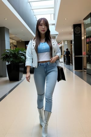 a beautiful flirty Japanese girl, 36 years old, perfect face, cool face, round cute cheeks, perfect eyes, perfect nose, perfect lips, natural skin, long straight hair, white t-shirt, light blue cropped denim jacket, her blue long jeans are tucked into her black leather over the knee high stiletto heel boots and each boot on both legs must have the same height, feels enjoy at the shopping mall, shopping