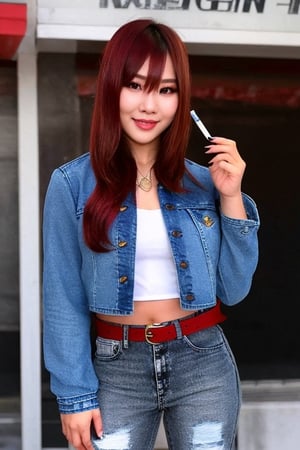 Kairi Sane in her young years, she is wearing a rebel girl attire with frayed jeans, cropped frayed denim jacket, fashion belt, she poses sexy and smokes a cigerette at the same time,kairisane