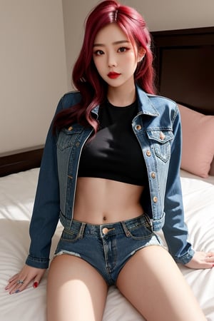 Two provocative japanese girls 22 years old posing sexy and lying in a bed, provocative girl outfit wearing a cropped denim jacket, Avril Lavigne makeup, hot dark lips